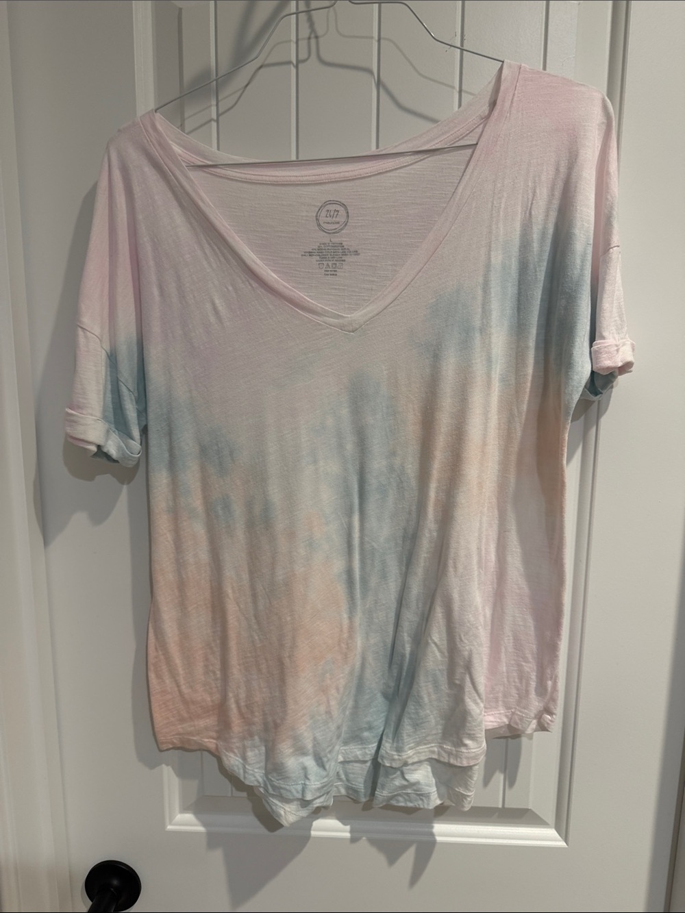 Relaxed V-Neck Short Sleeve Tie-Dye Tee in Pastel Pink, Blue & Peach